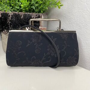 Liz‎ Claiborne Black Floral Glitter Evening Clutch Crossbody Bag Silver Hardware